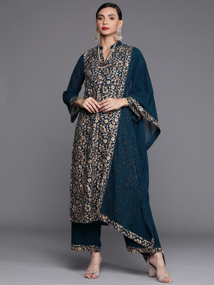 Teal Embroidered Georgette Suit Set