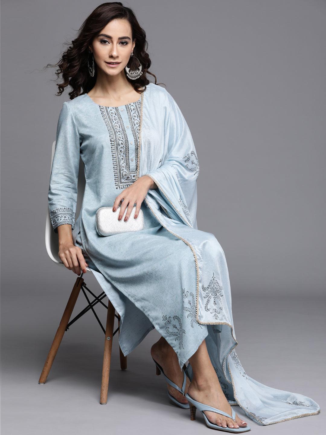 Blue Printed Viscose Rayon Suit Set - ShopLibas