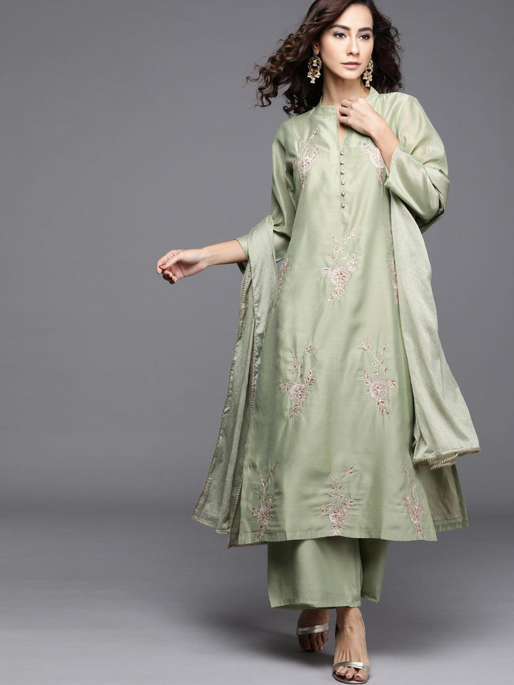 Green Embroidered Chanderi Silk Suit Set