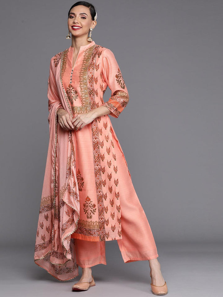 Peach Printed Chanderi Silk Suit Set