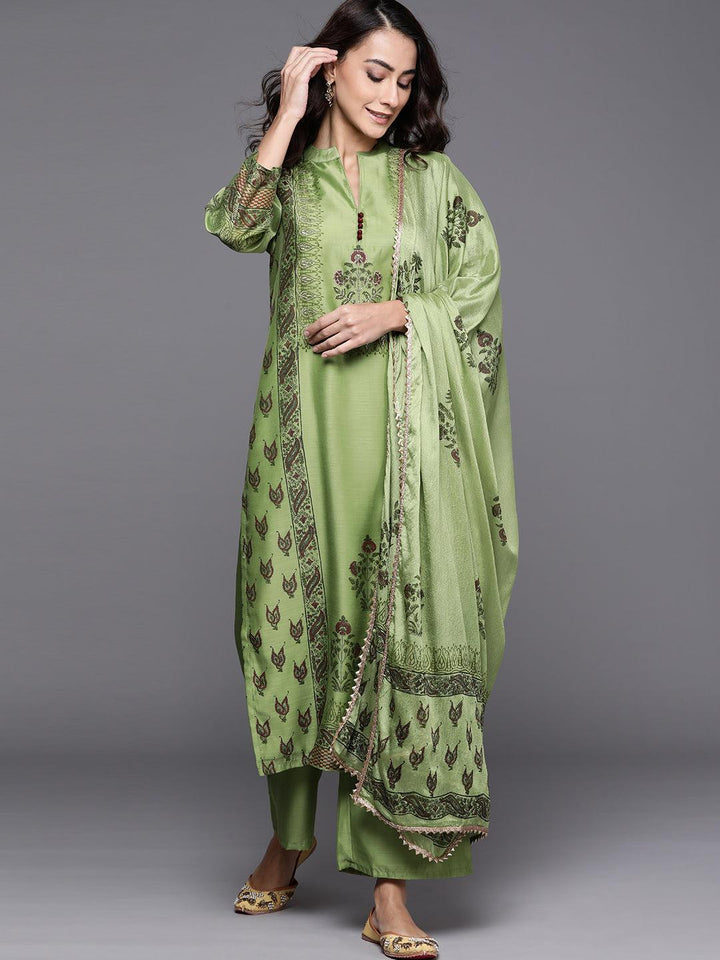 Green Printed Chanderi Silk Suit Set