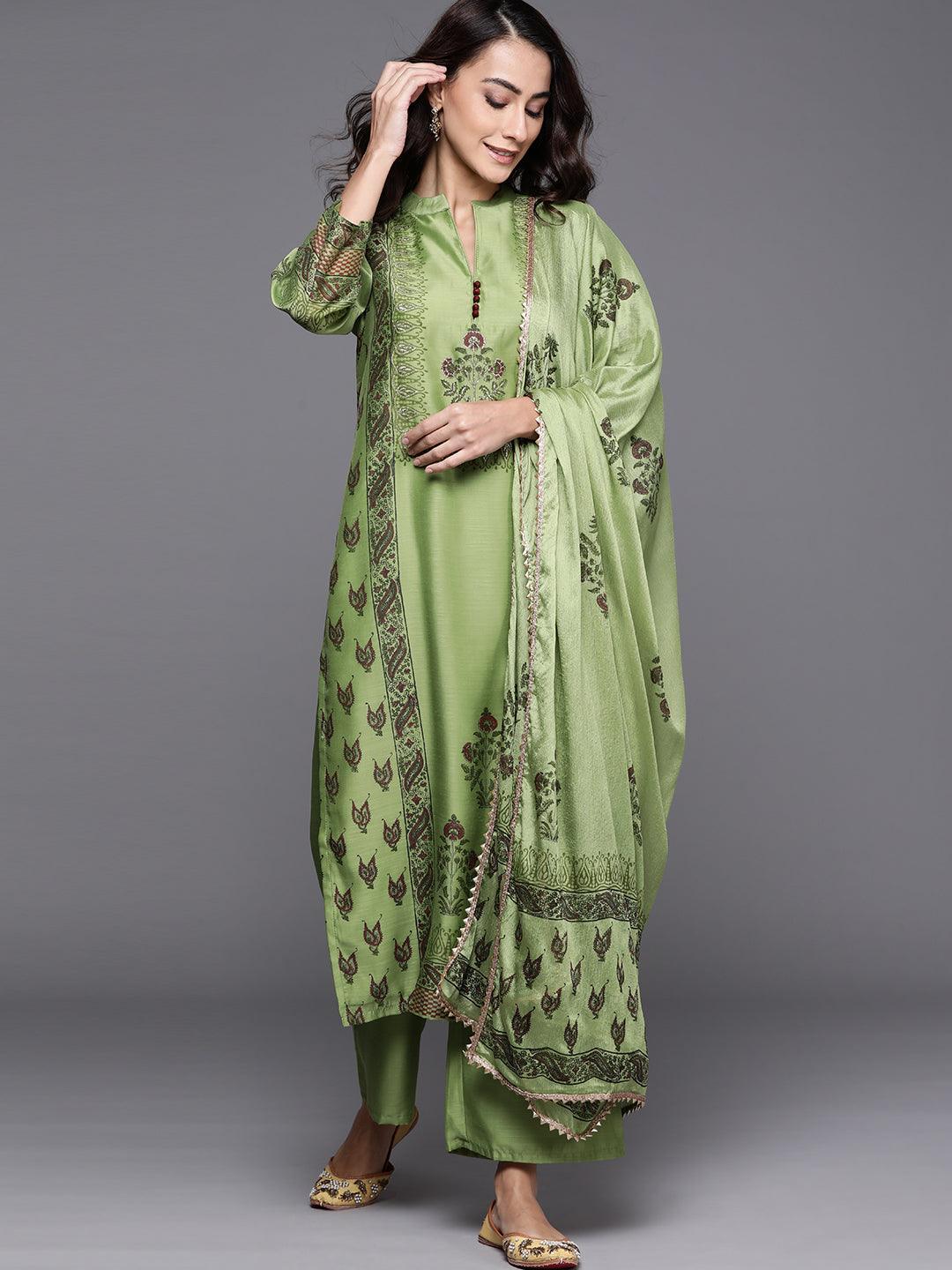 Green Printed Chanderi Silk Suit Set - ShopLibas