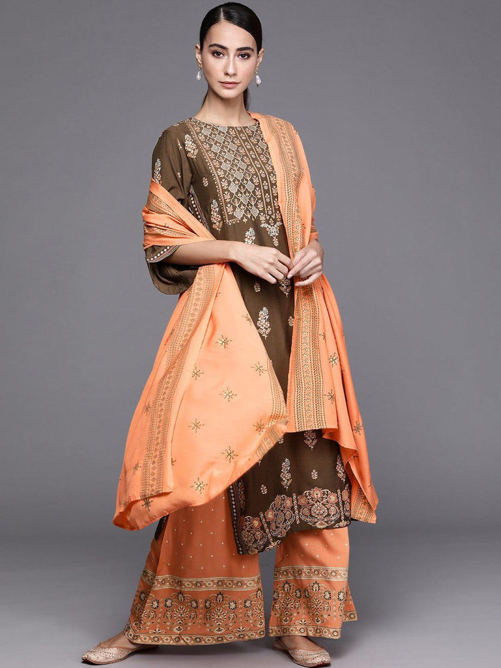 Green Printed Silk Blend Suit Set