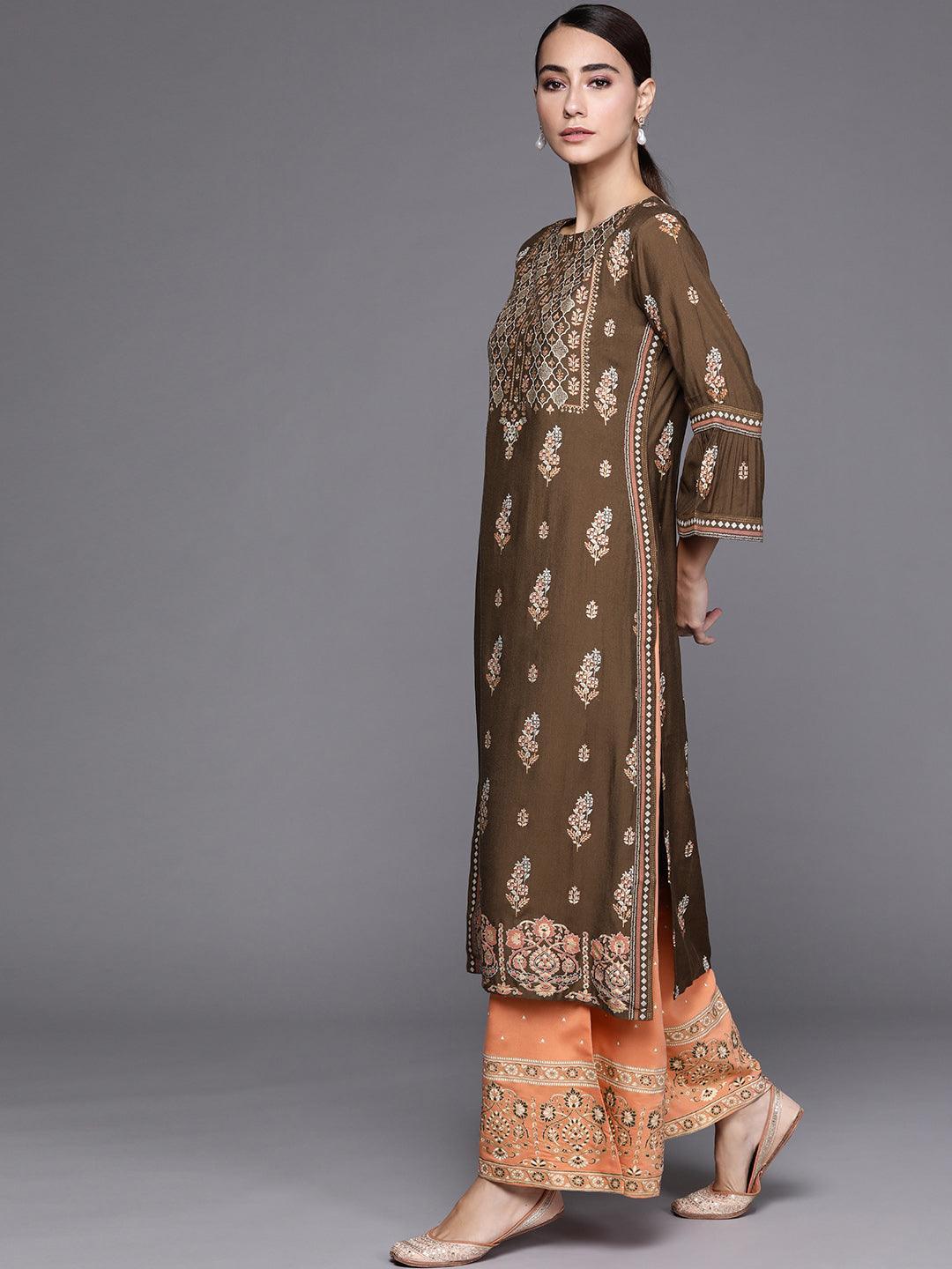 Green Printed Silk Blend Suit Set - ShopLibas