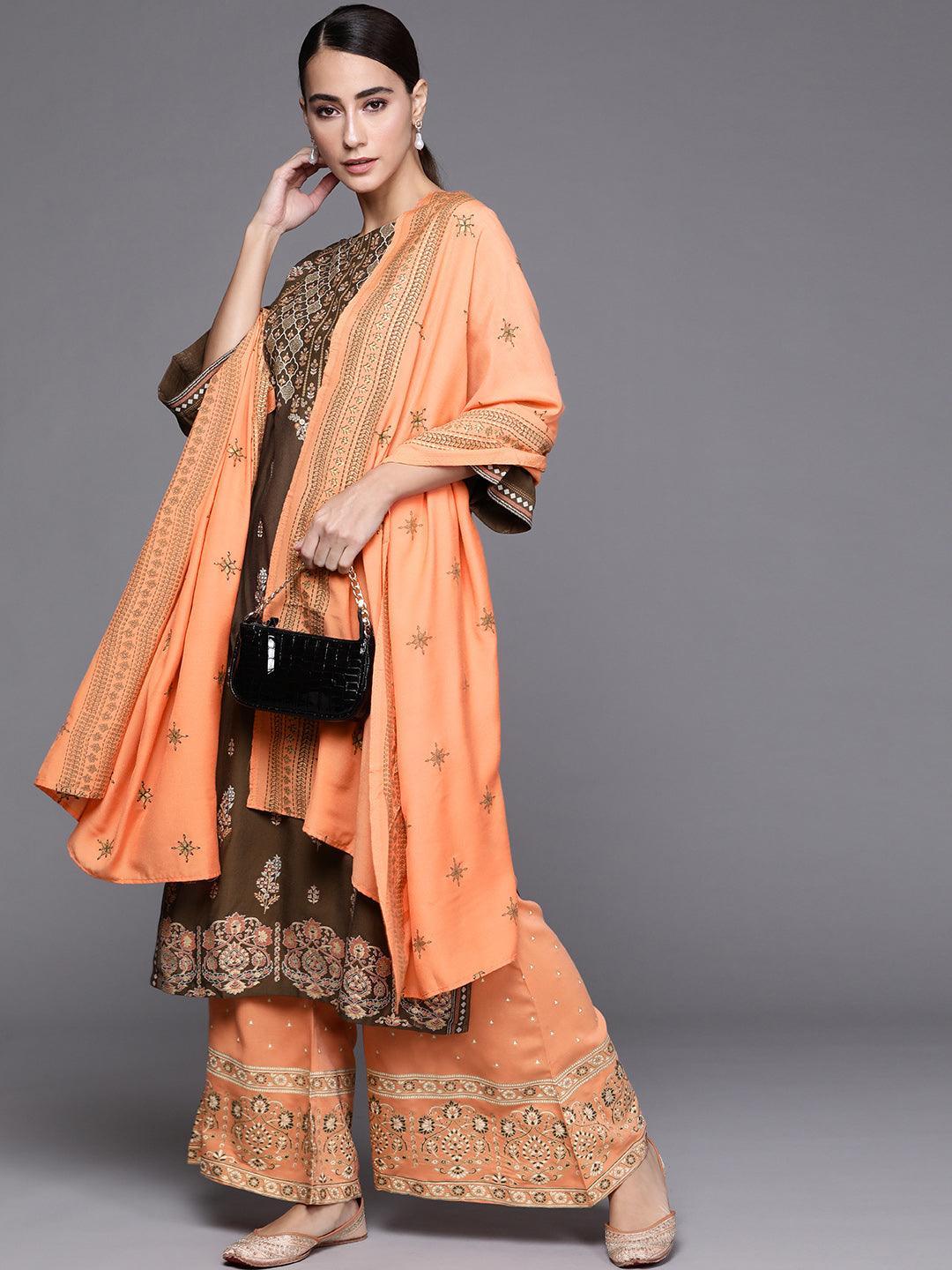 Green Printed Silk Blend Suit Set - ShopLibas