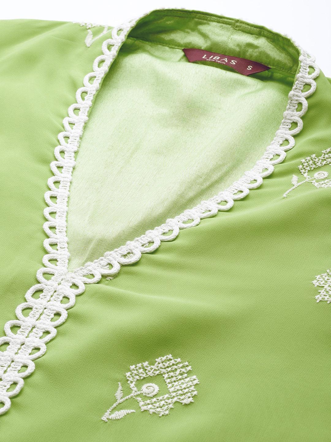Green Embroidered Georgette Suit Set - ShopLibas