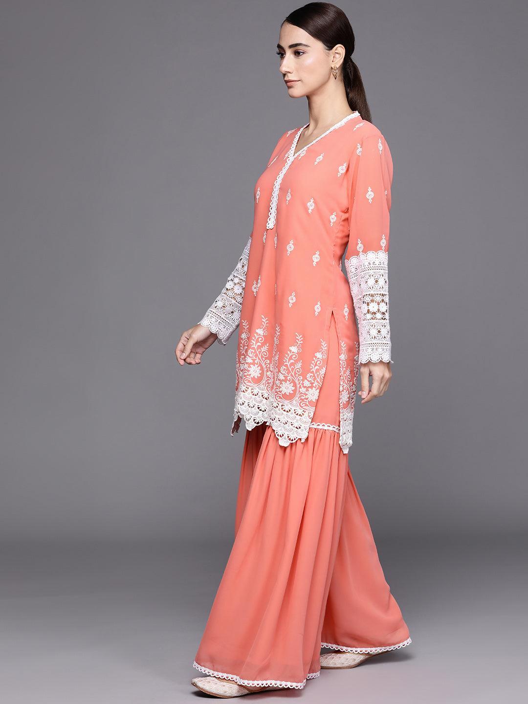 Peach Embroidered Georgette Suit Set - ShopLibas