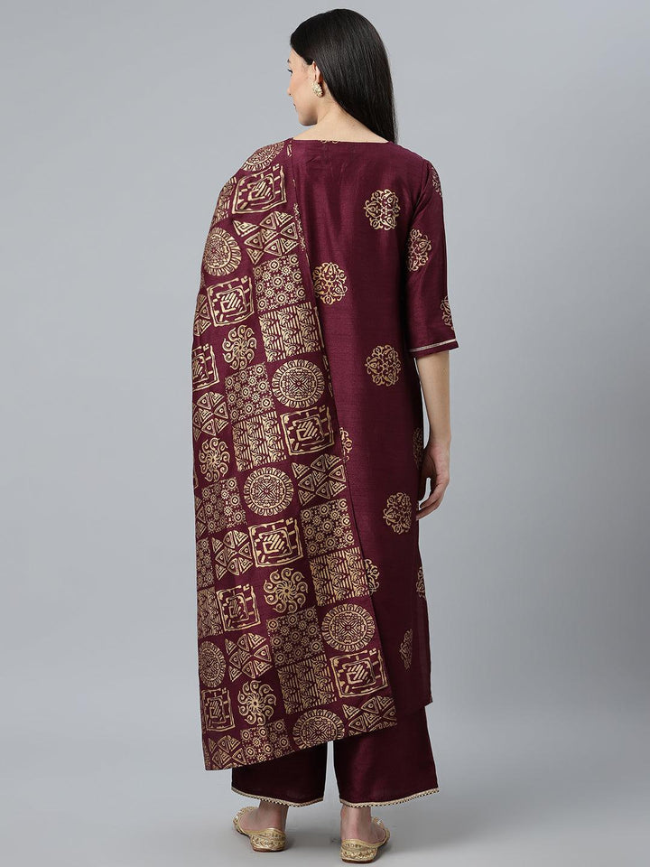 Purple Printed Silk Blend Suit Set