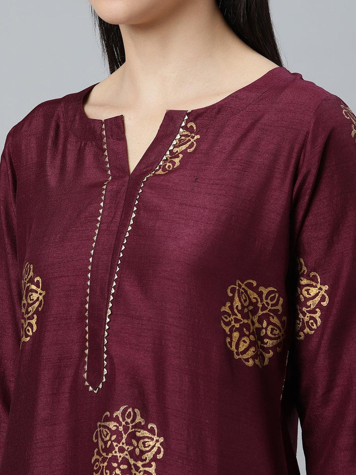 Purple Printed Silk Blend Suit Set