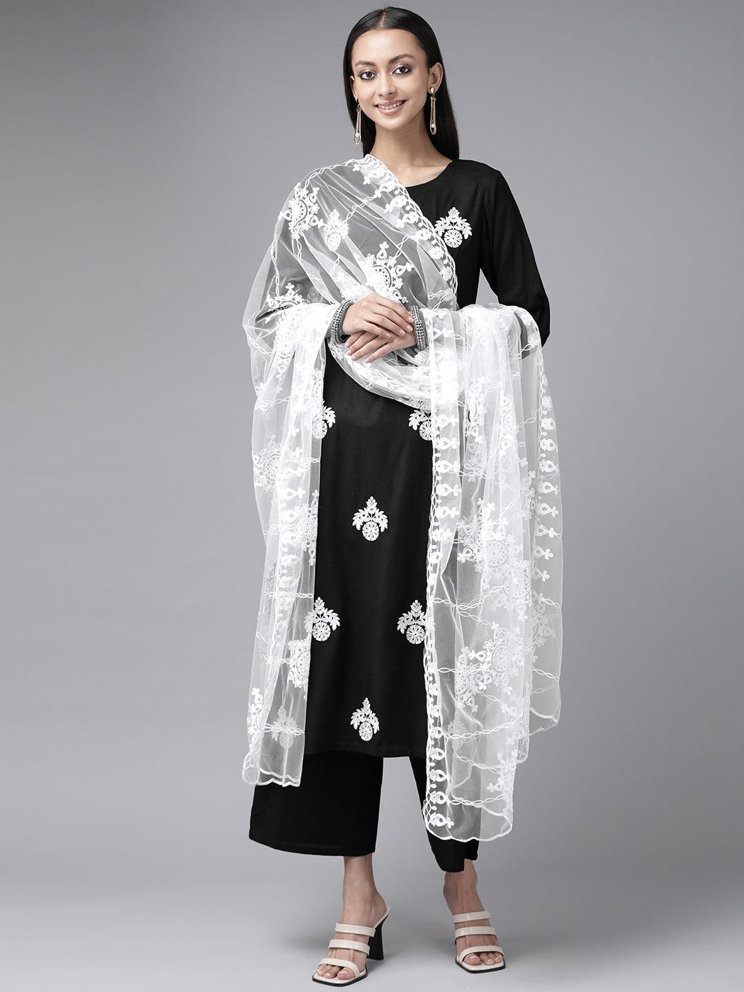 Black Embroidered Rayon Suit Set - ShopLibas