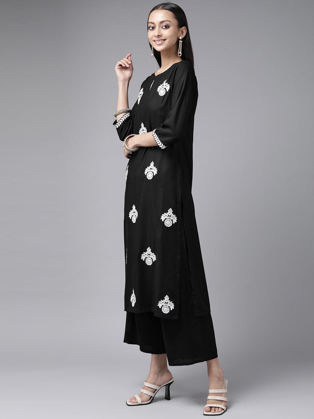 Black Embroidered Rayon Suit Set - ShopLibas