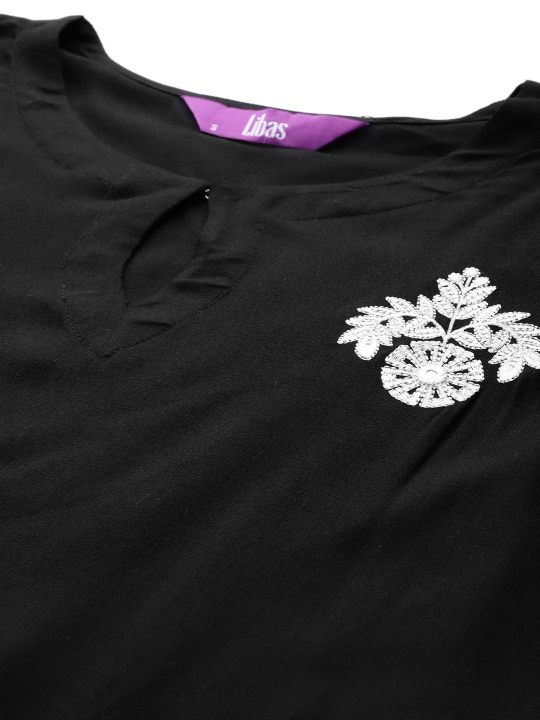 Black Embroidered Rayon Suit Set - ShopLibas