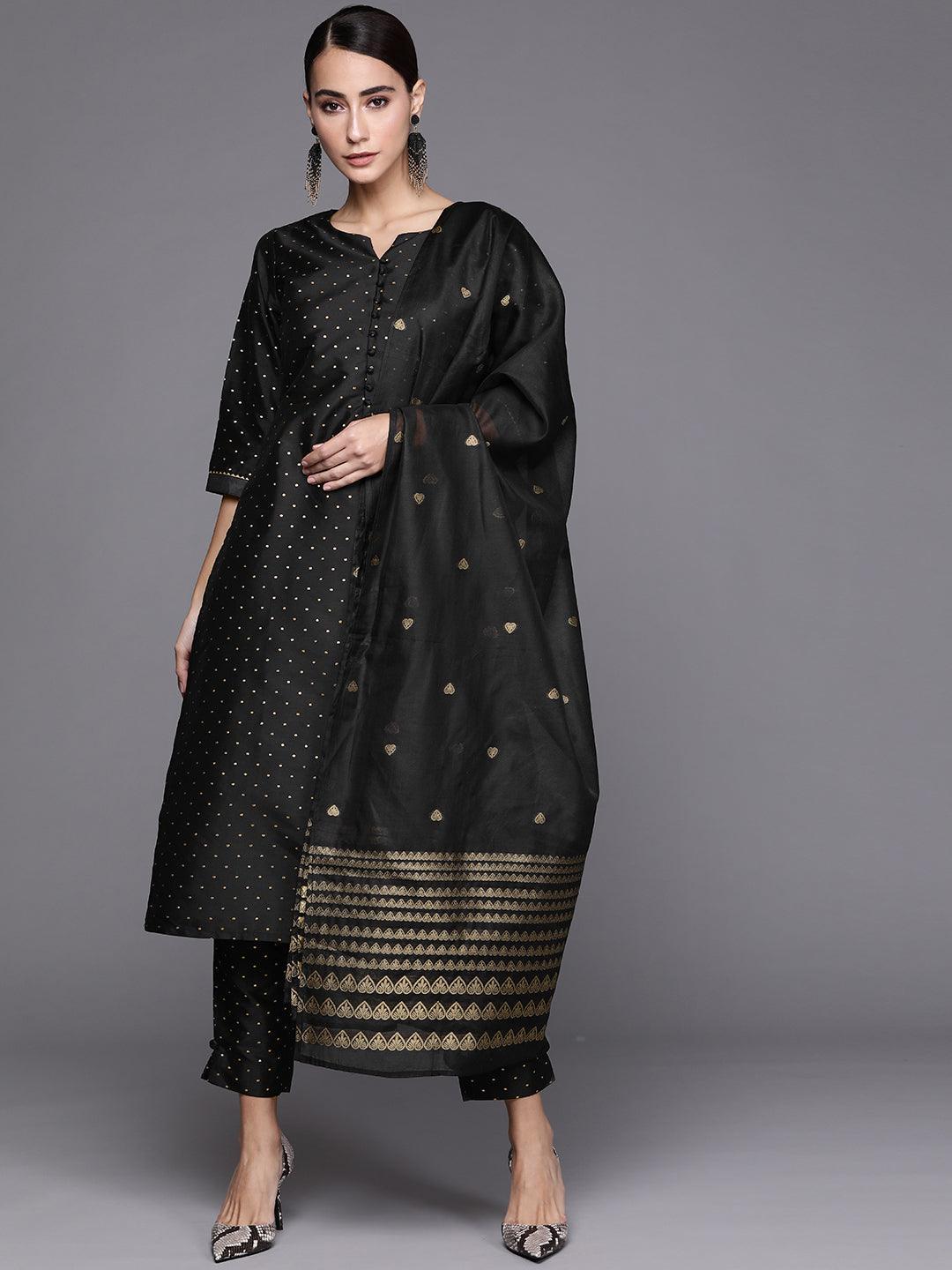 Black Self Design Art Silk Suit Set - ShopLibas