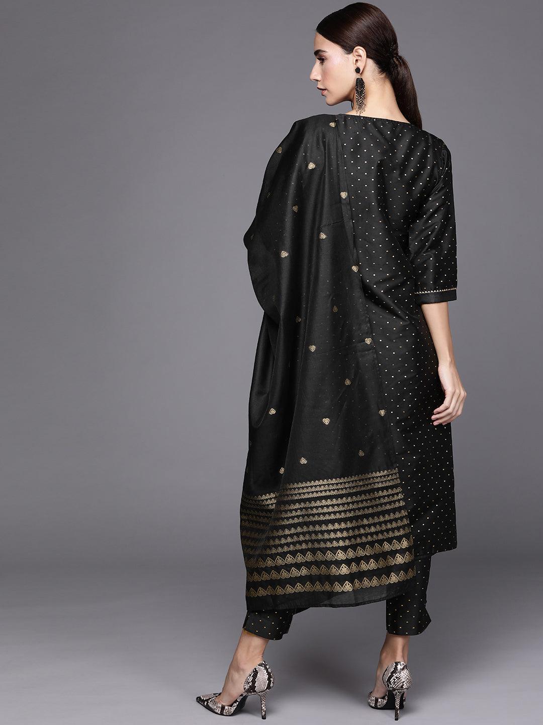 Black Self Design Art Silk Suit Set - ShopLibas