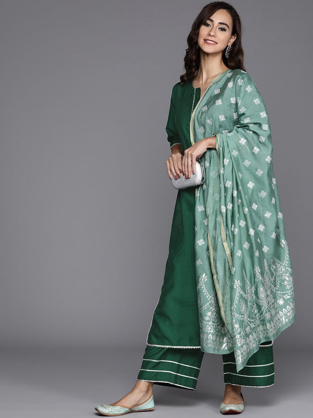 Green Solid Chanderi Silk Suit Set - ShopLibas