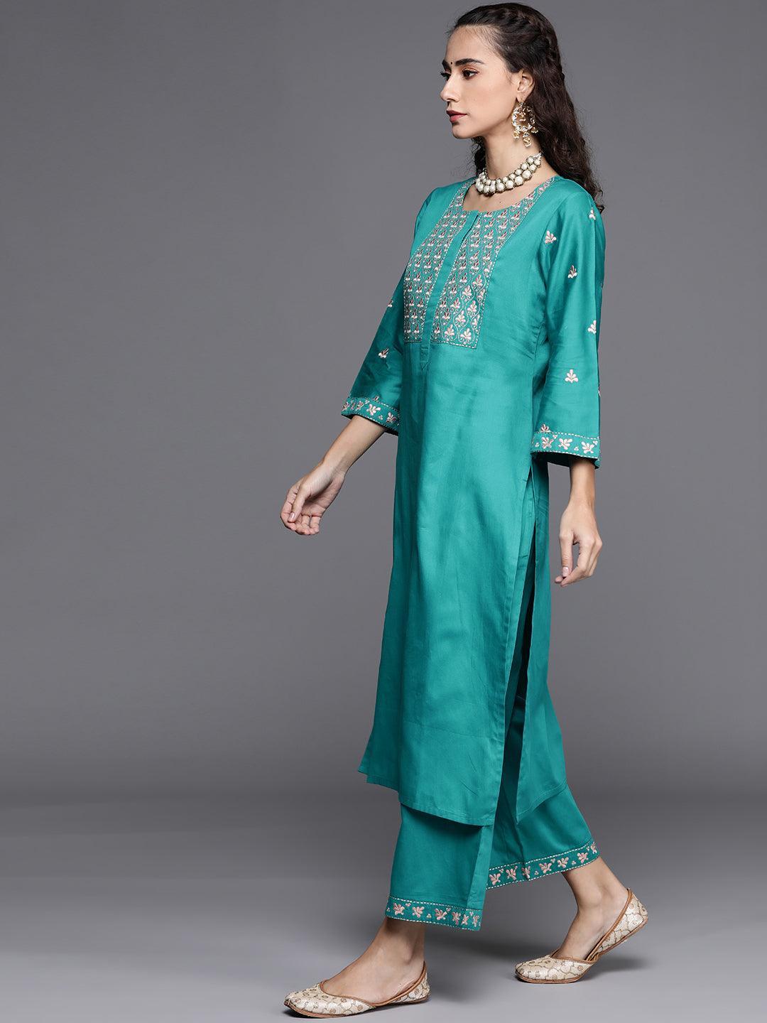 Teal Green Embroidered Silk Blend Suit Set - ShopLibas