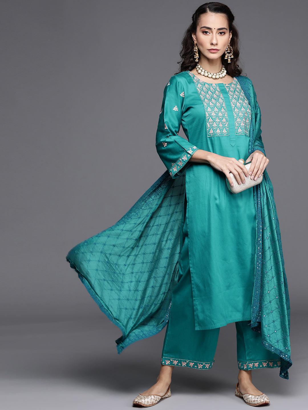 Teal Green Embroidered Silk Blend Suit Set - ShopLibas