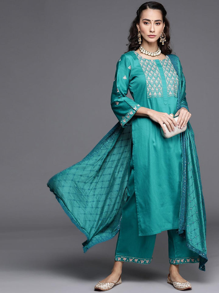 Teal Green Embroidered Silk Blend Suit Set