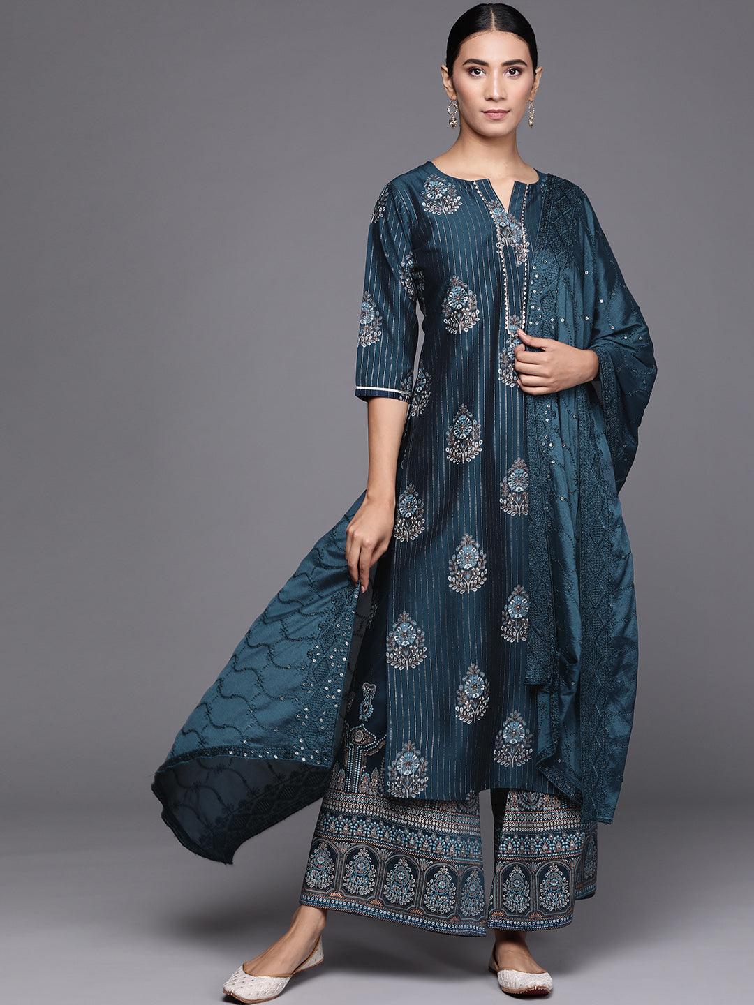 Blue Self Design Silk Blend Suit Set - ShopLibas