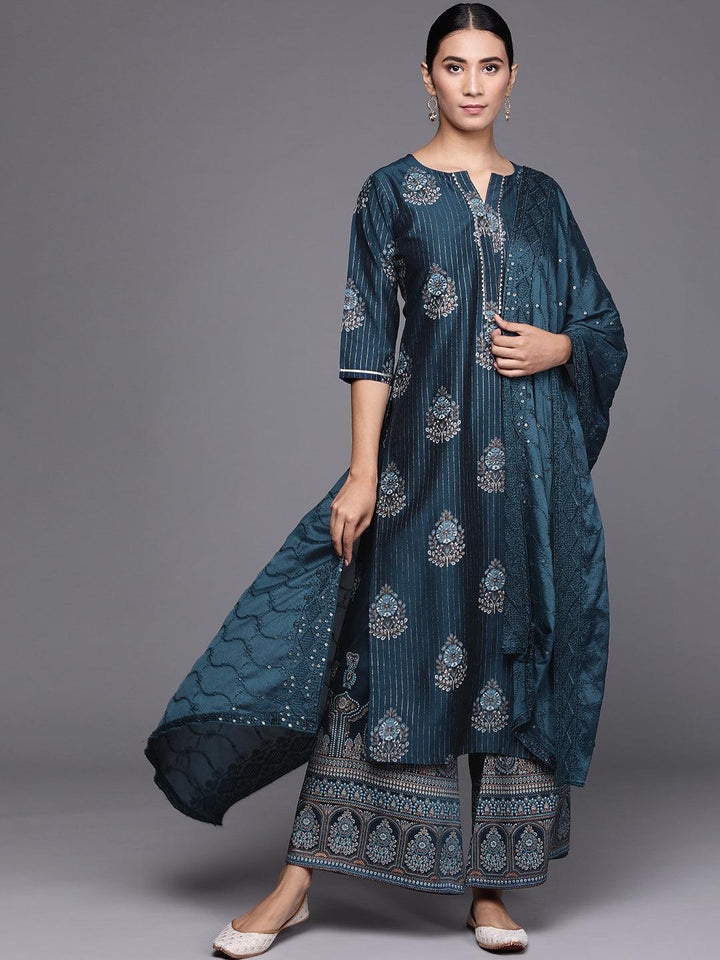 Blue Self Design Silk Blend Suit Set