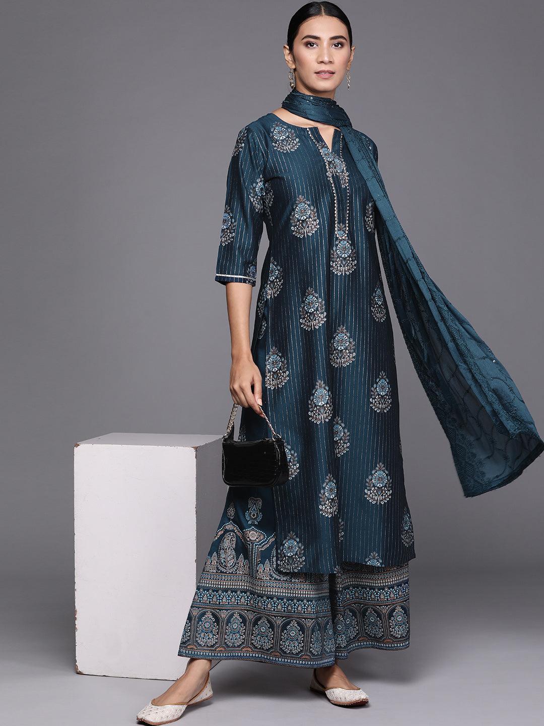 Blue Self Design Silk Blend Suit Set - ShopLibas