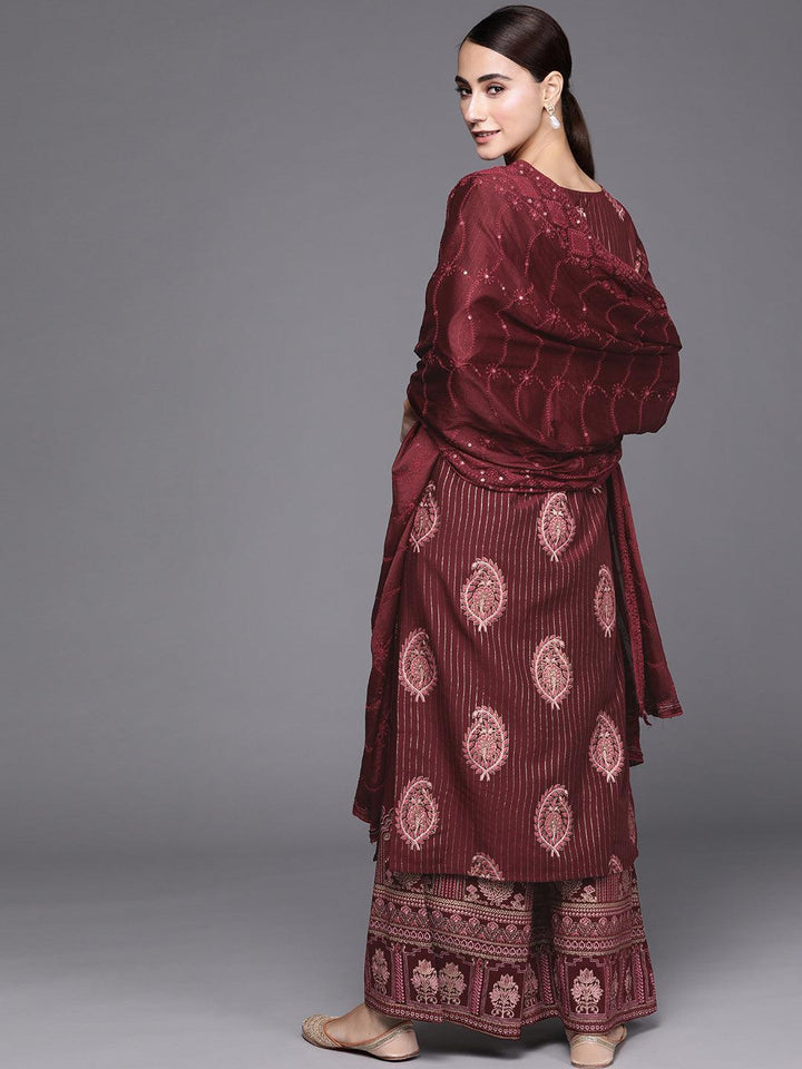 Maroon Self Design Silk Blend Suit Set