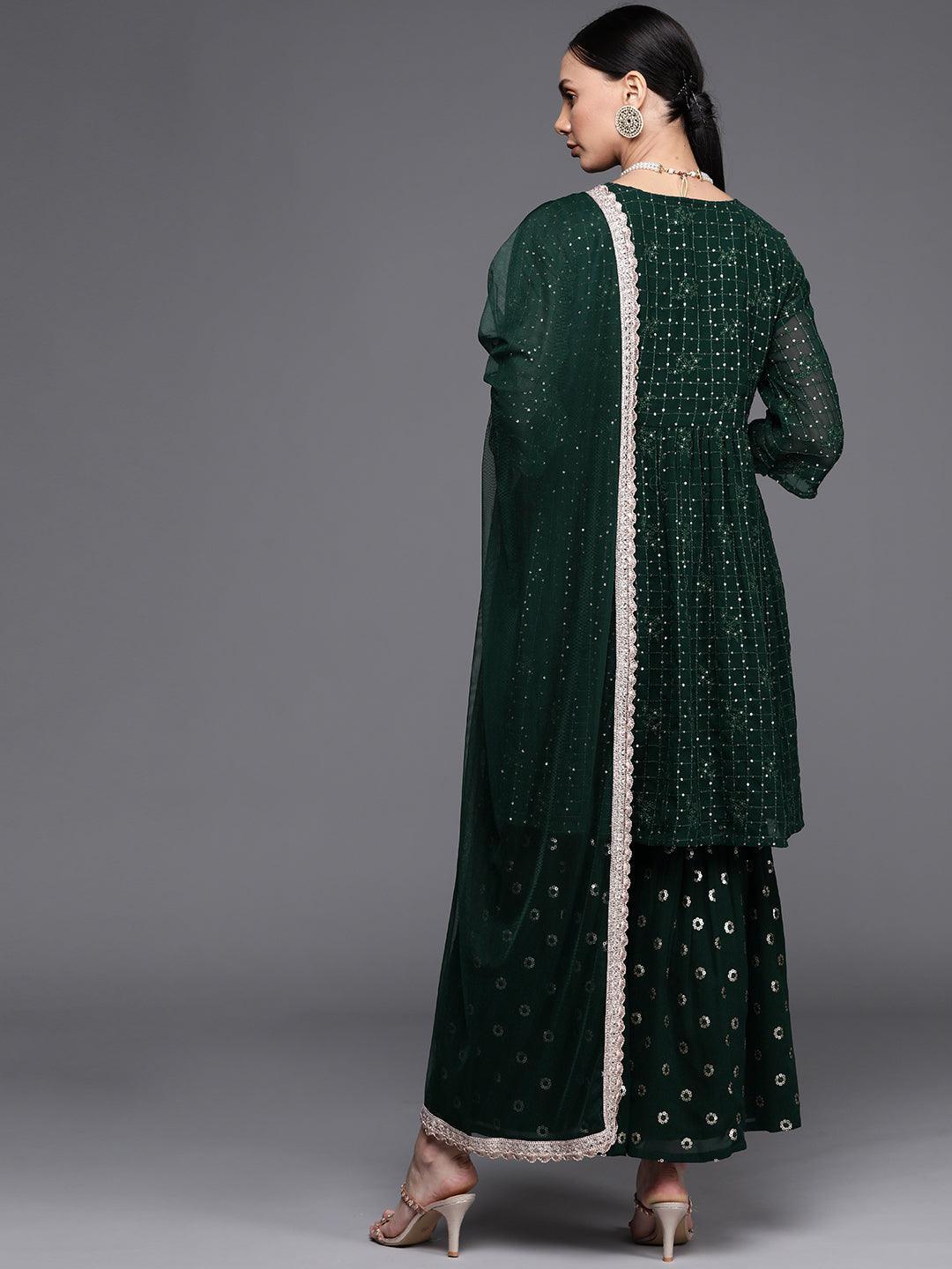 Green Embroidered Georgette Suit Set - ShopLibas