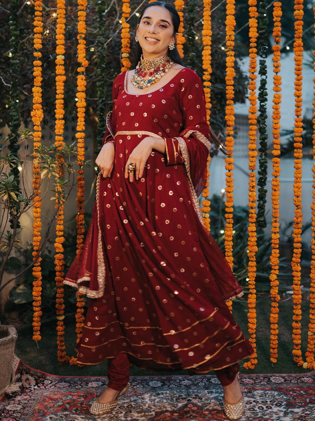 Maroon Embroidered Georgette Suit Set - ShopLibas