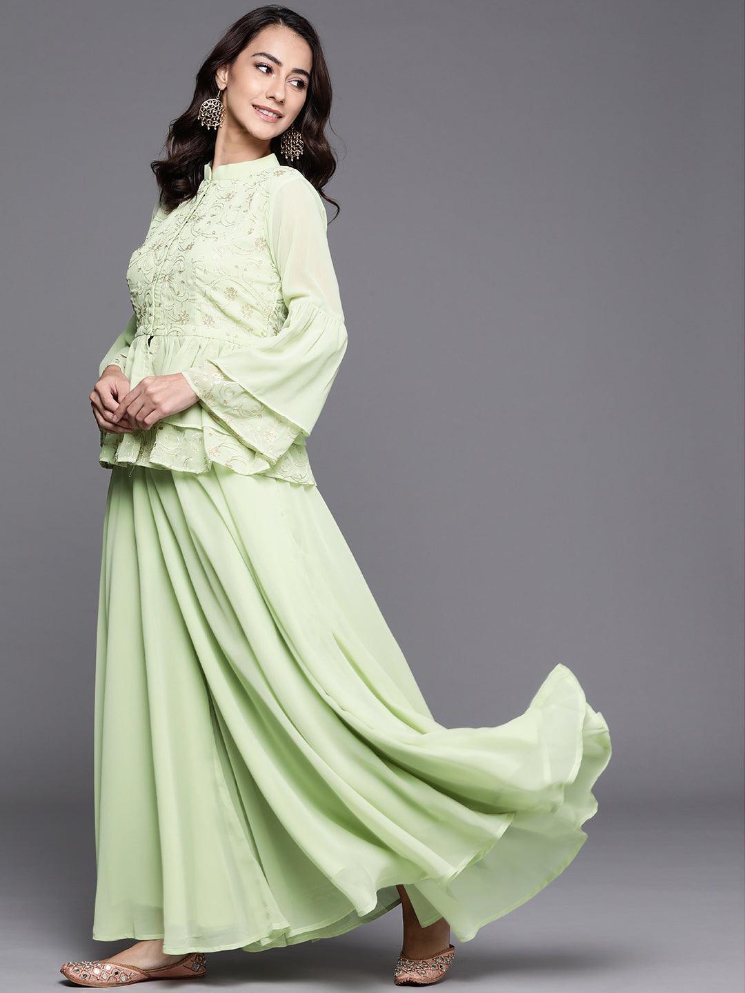 Green Embroidered Georgette Suit Set - ShopLibas