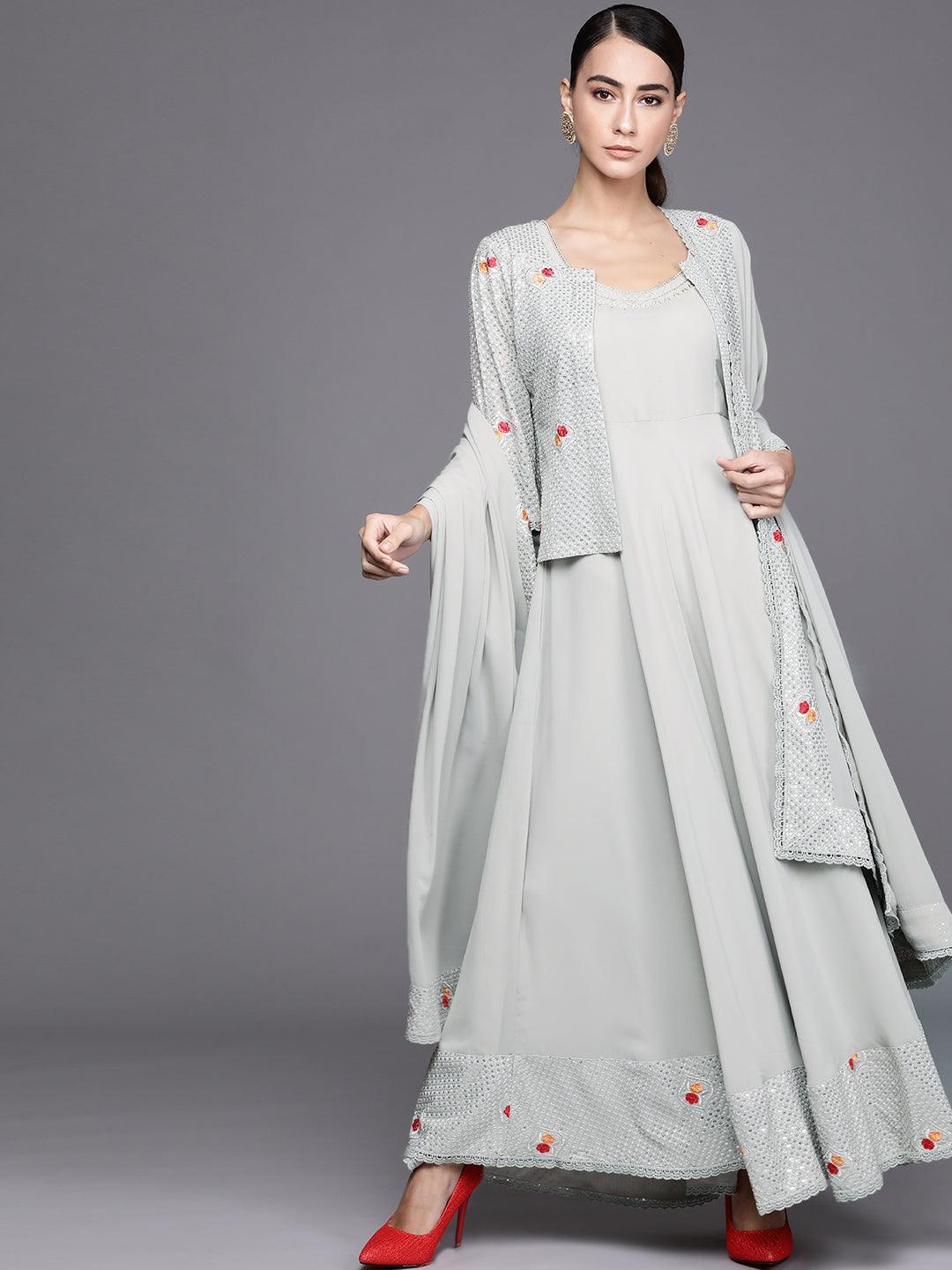 Grey Embellished Georgette Jacket Dress With Dupatta - ShopLibas