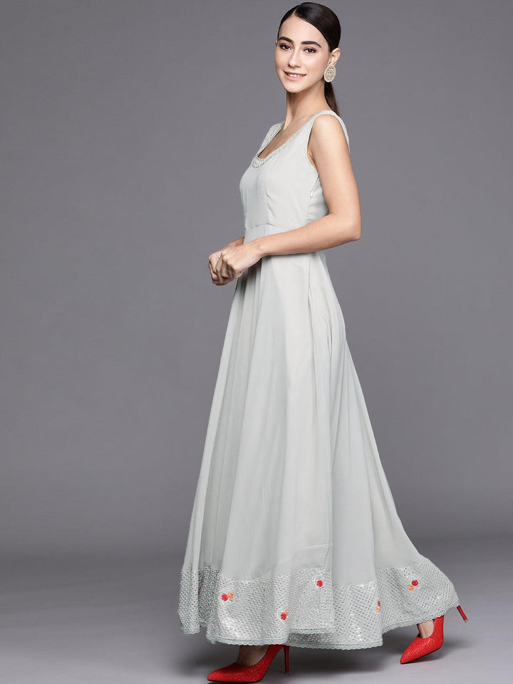 Grey Embellished Georgette Jacket Dress With Dupatta