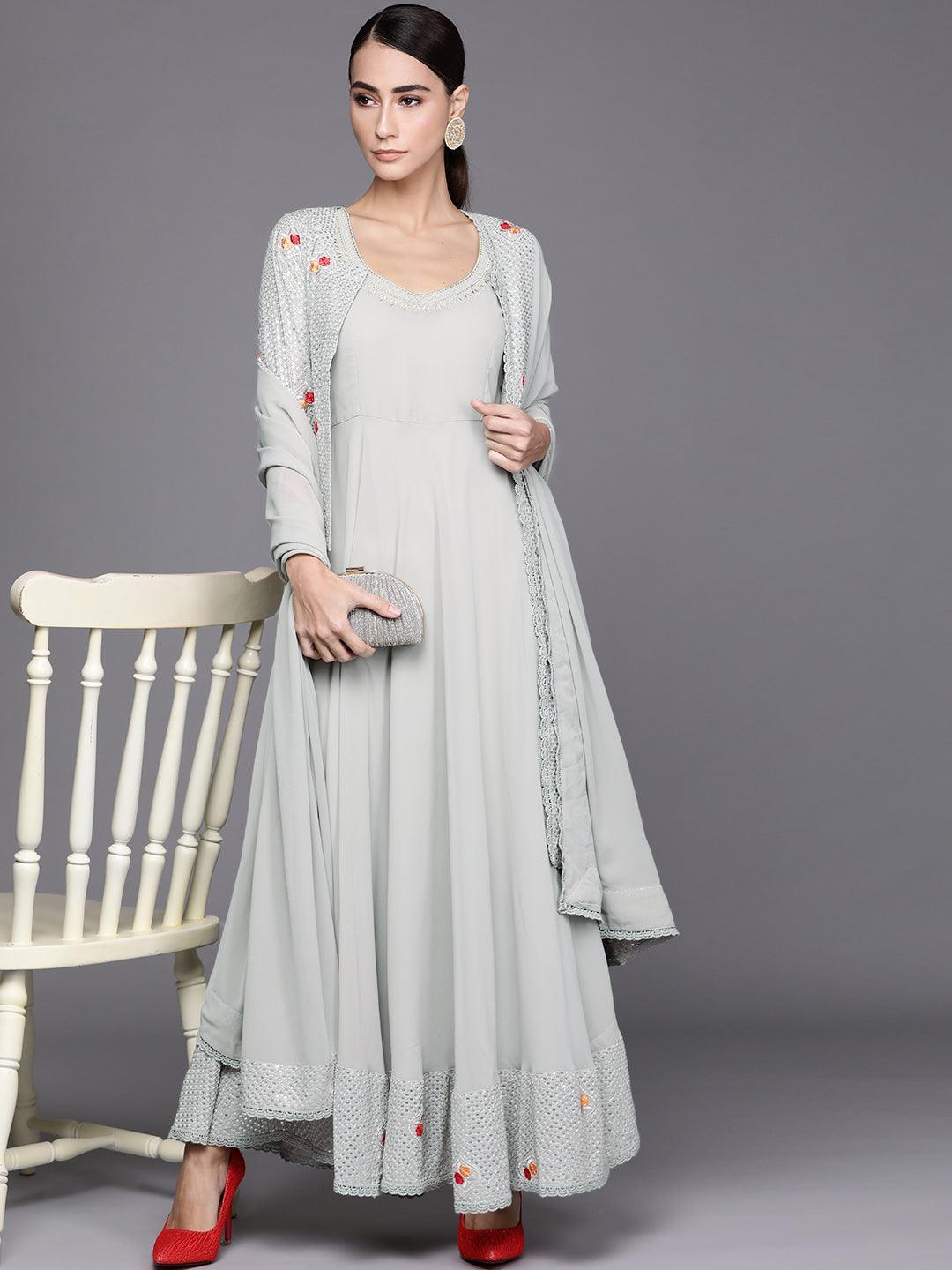 Grey Embellished Georgette Jacket Dress With Dupatta - ShopLibas
