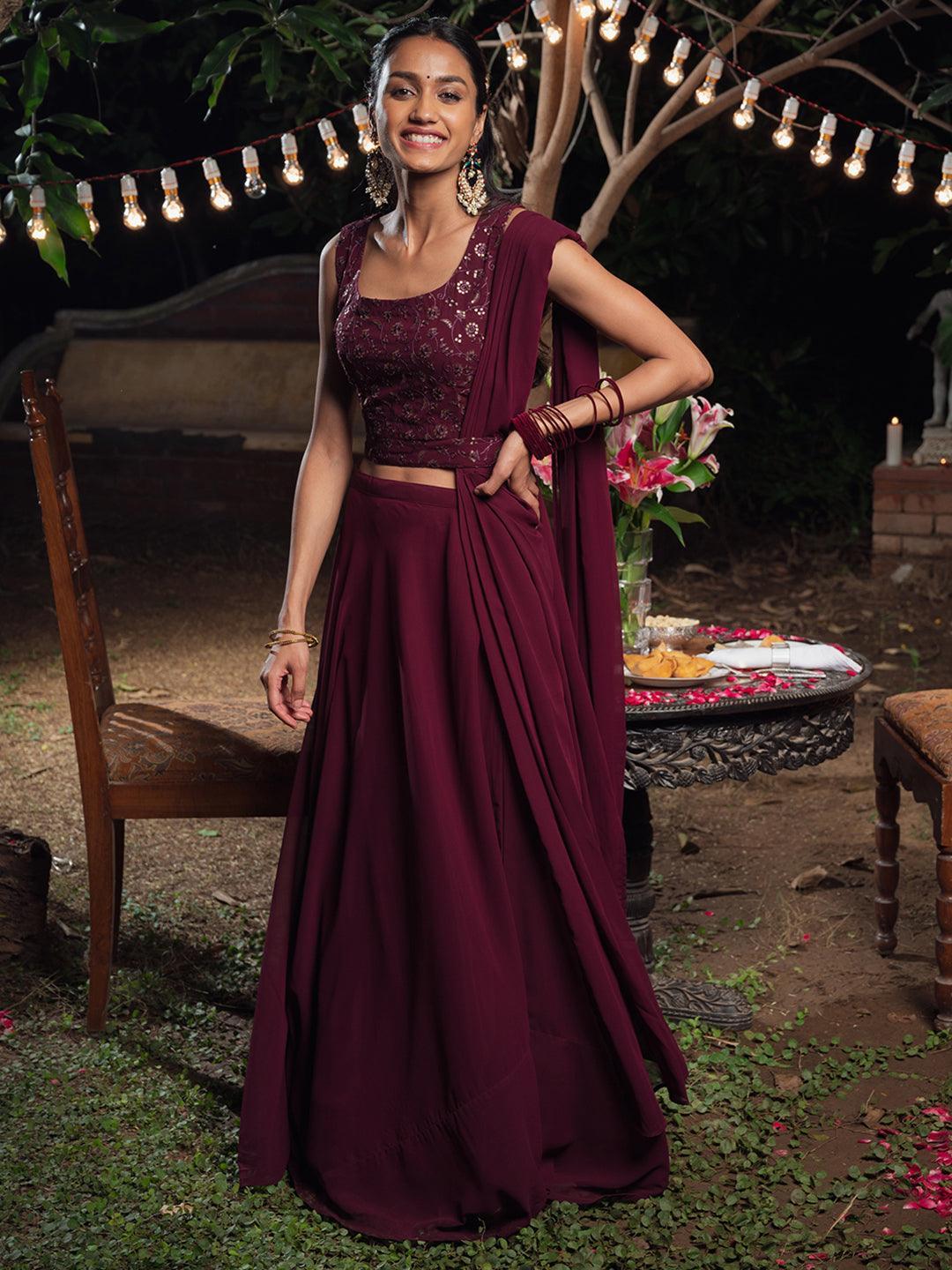 Burgundy Embroidered Georgette Lehenga Set - ShopLibas