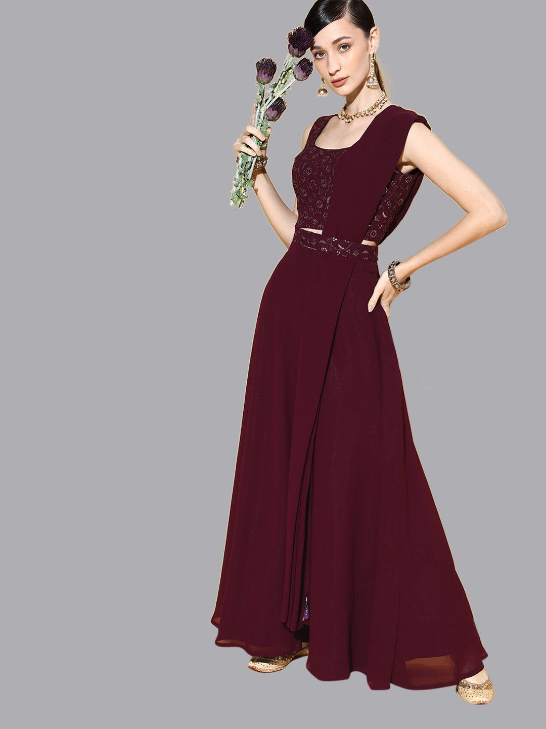 Burgundy Embroidered Georgette Lehenga Set - ShopLibas