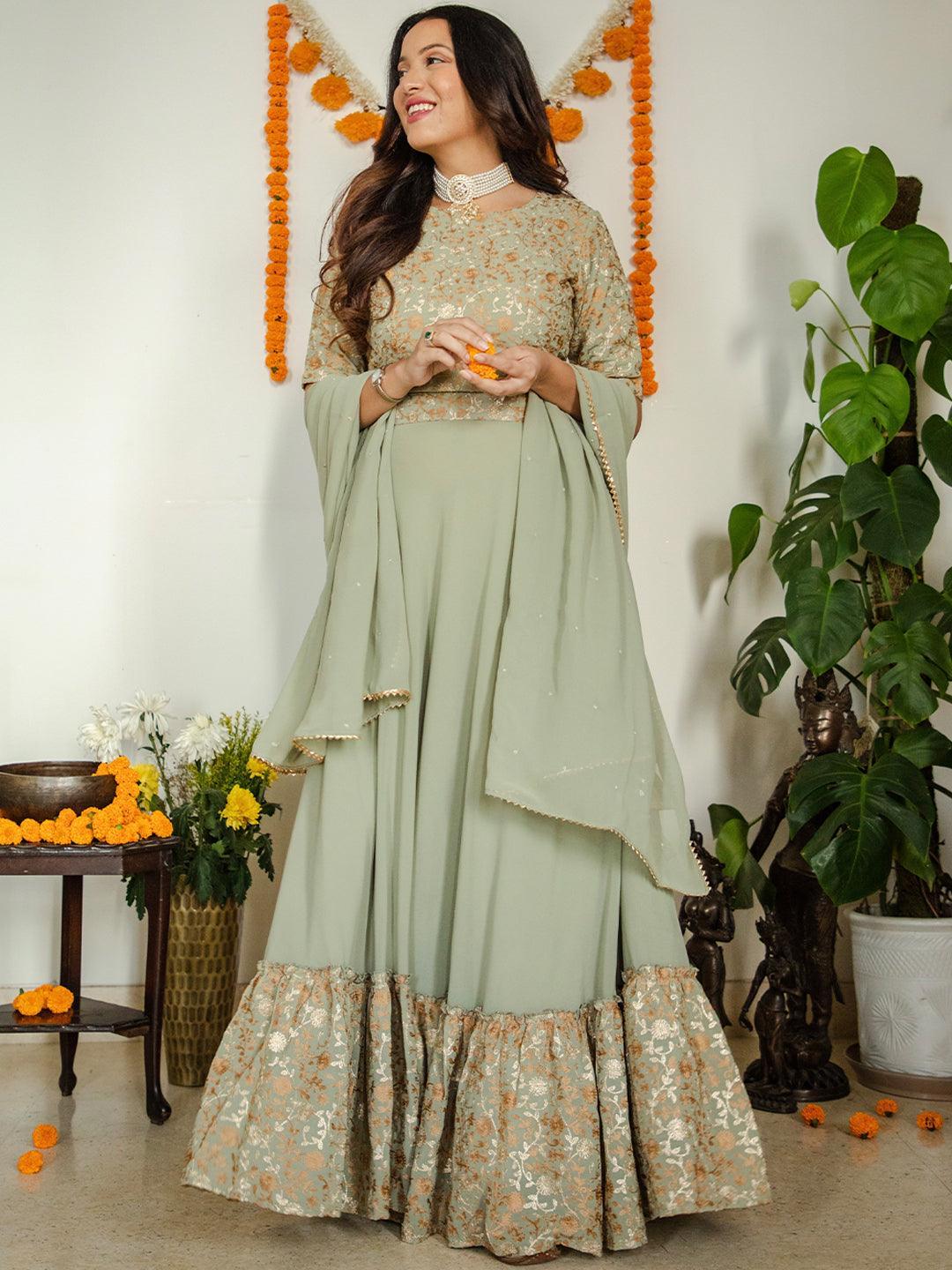 Sea Green Embroidered Georgette Lehenga Choli - ShopLibas