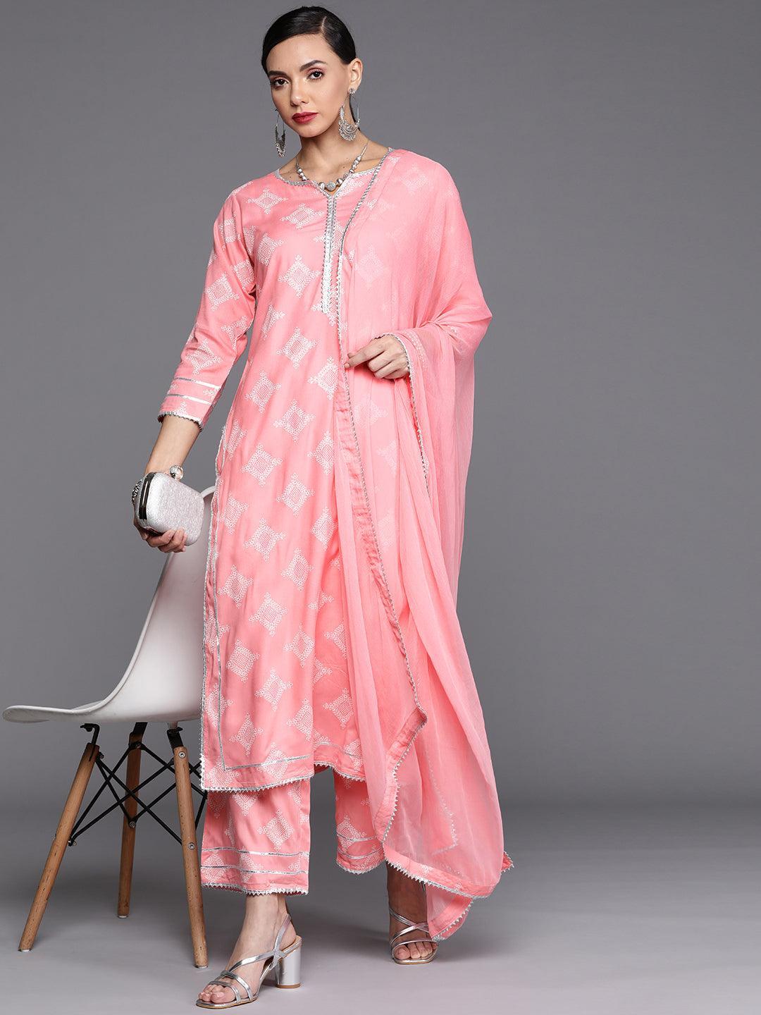 Pink Printed Viscose Rayon Suit Set - ShopLibas
