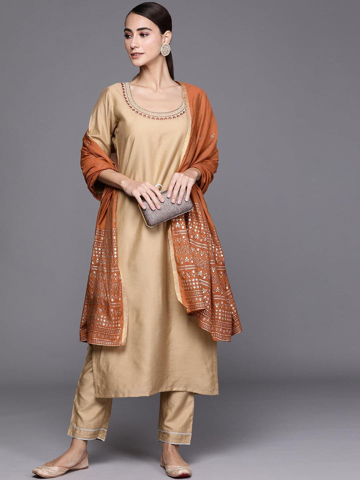 Beige Solid Chanderi Silk Suit Set