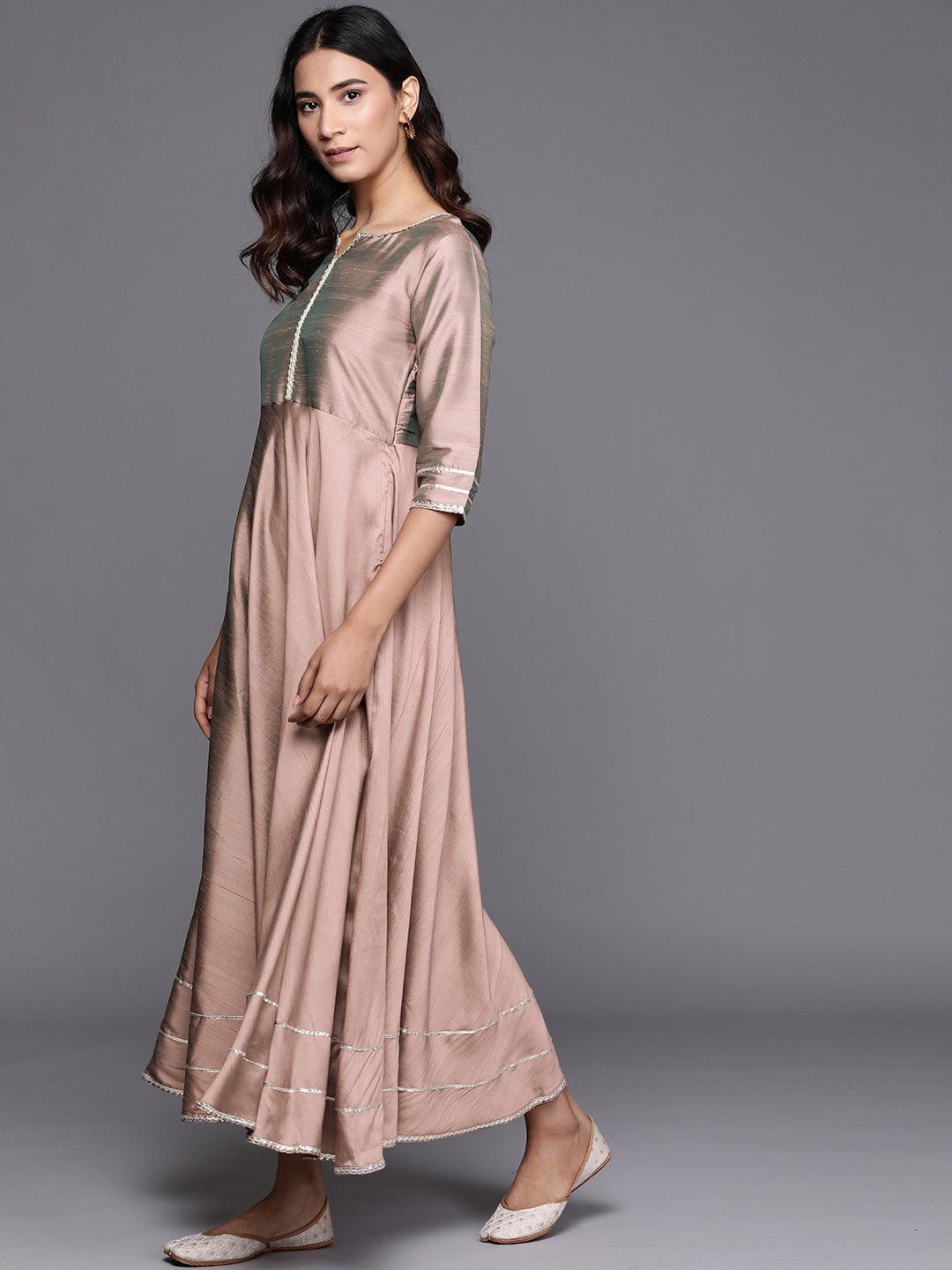 Beige Solid Silk Dress With Dupatta - ShopLibas