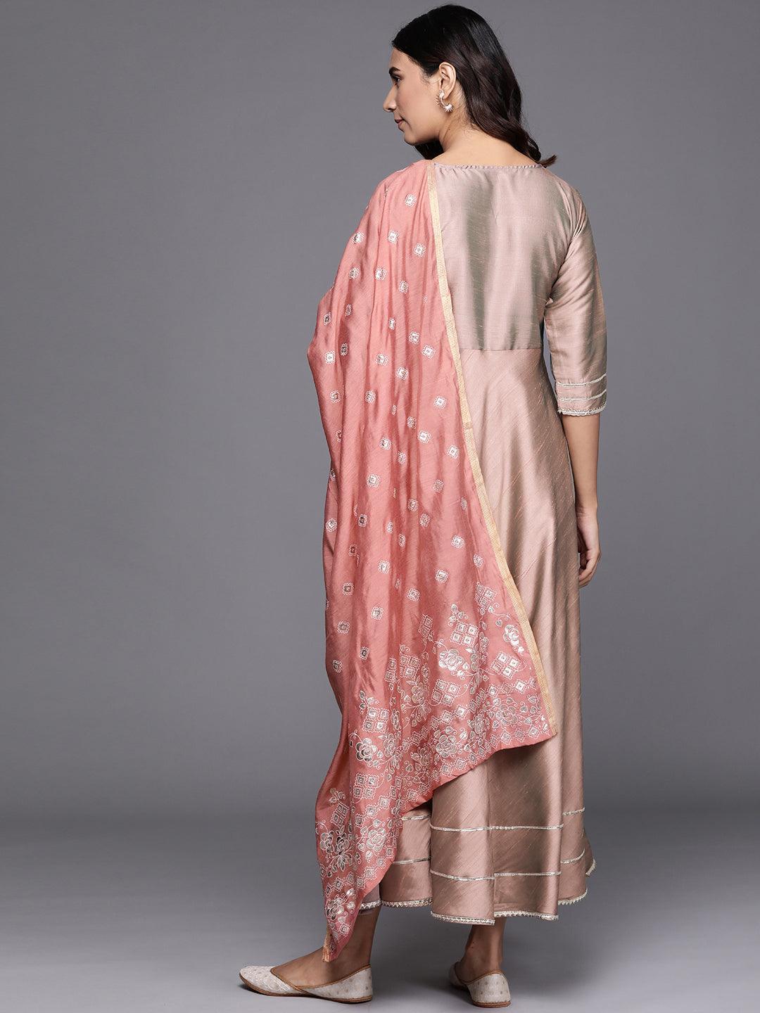 Beige Solid Silk Dress With Dupatta - ShopLibas