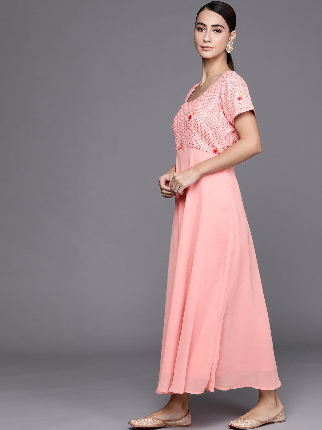 Pink Embroidered Georgette Dress With Dupatta - ShopLibas