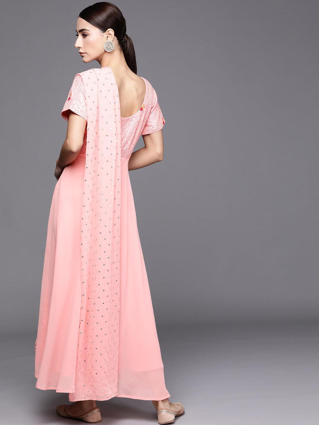 Pink Embroidered Georgette Dress With Dupatta - ShopLibas