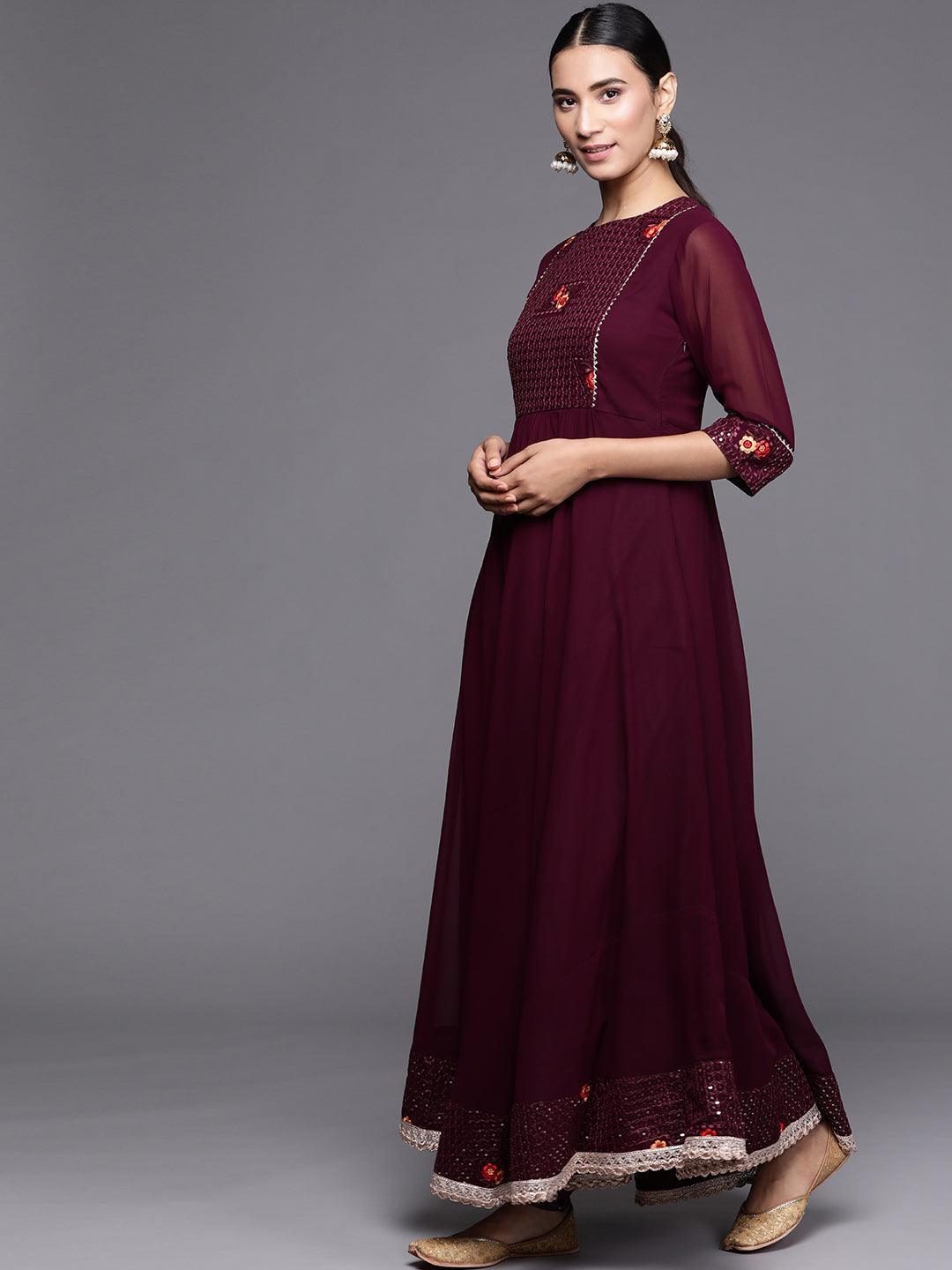 Maroon Embroidered Georgette Suit Set - ShopLibas