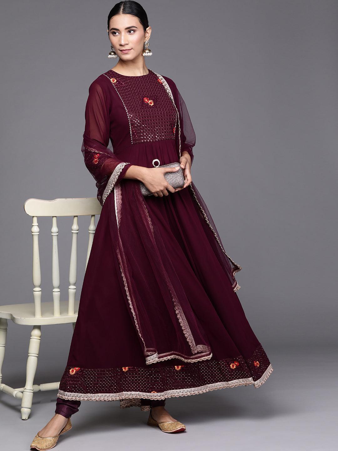 Maroon Embroidered Georgette Suit Set - ShopLibas