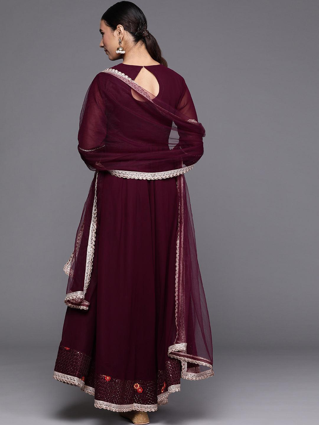 Maroon Embroidered Georgette Suit Set - ShopLibas