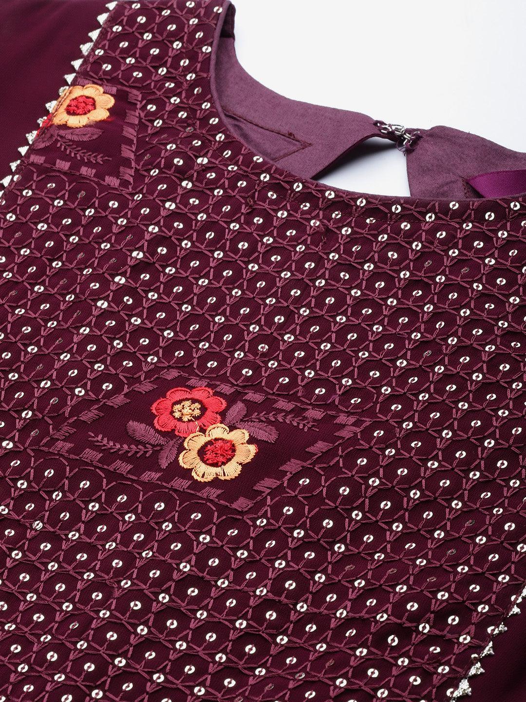 Maroon Embroidered Georgette Suit Set - ShopLibas