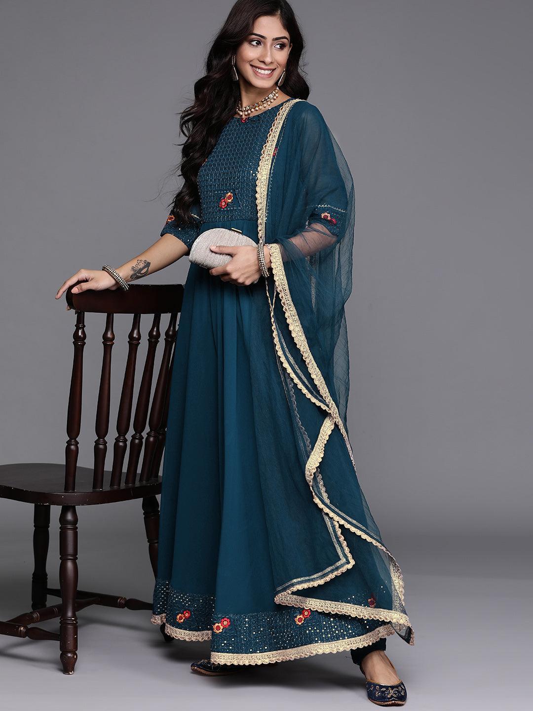 Blue Embroidered Georgette Suit Set - ShopLibas