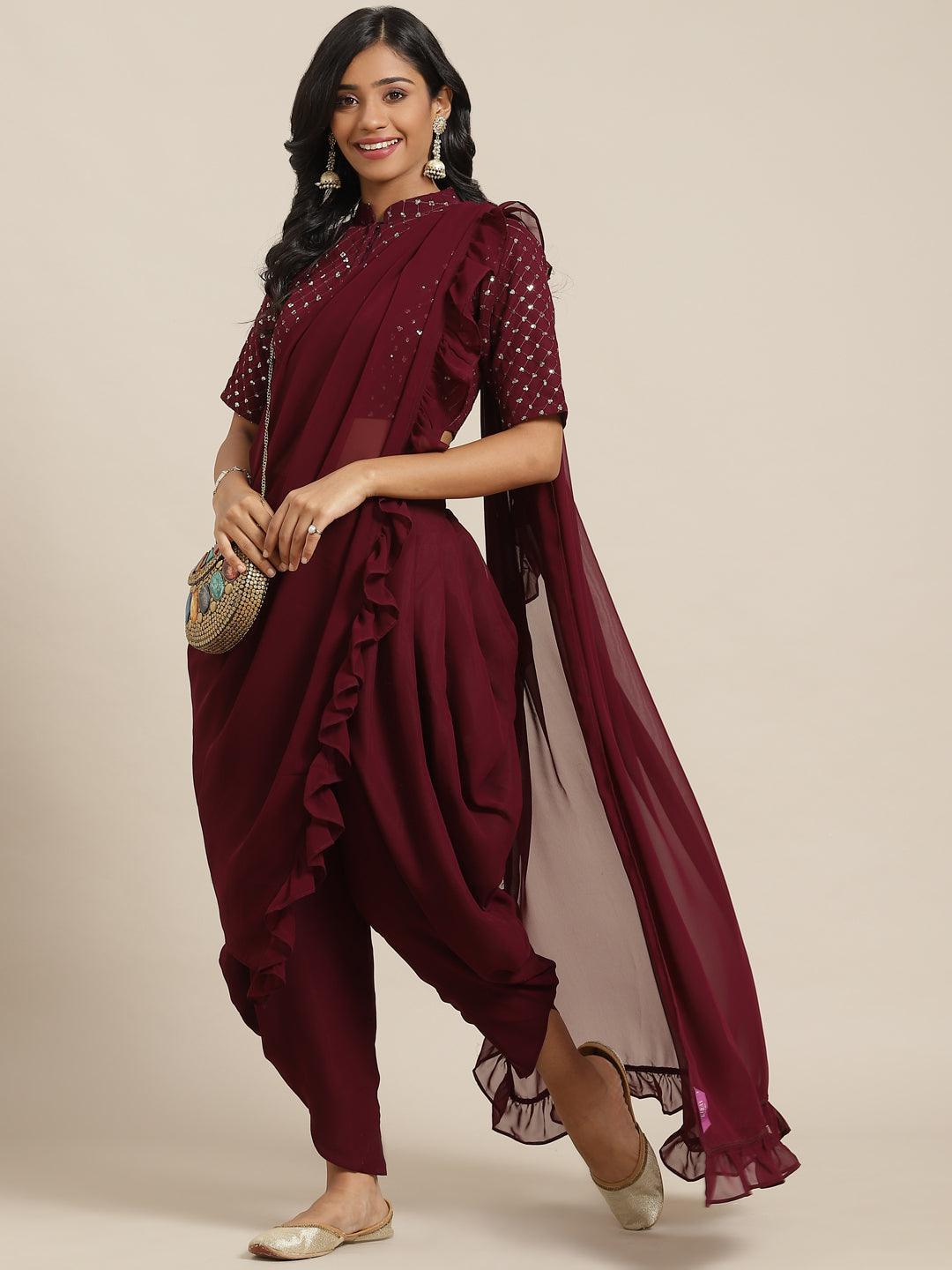 Burgundy Embellished Georgette Dhoti Saree - ShopLibas