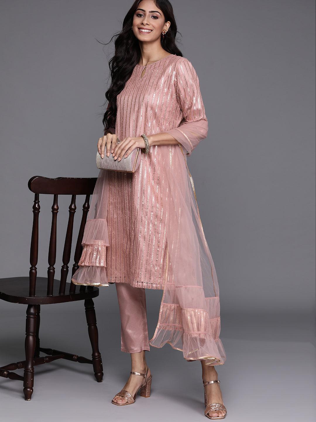 Pink Embroidered Net Suit Set - ShopLibas