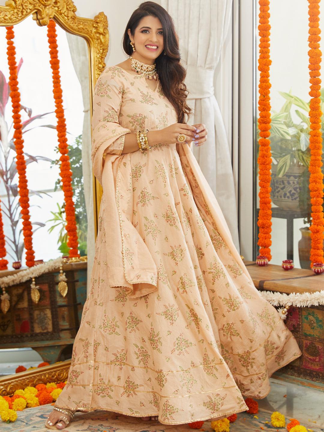 Peach Printed Silk Blend Dress With Dupatta - ShopLibas
