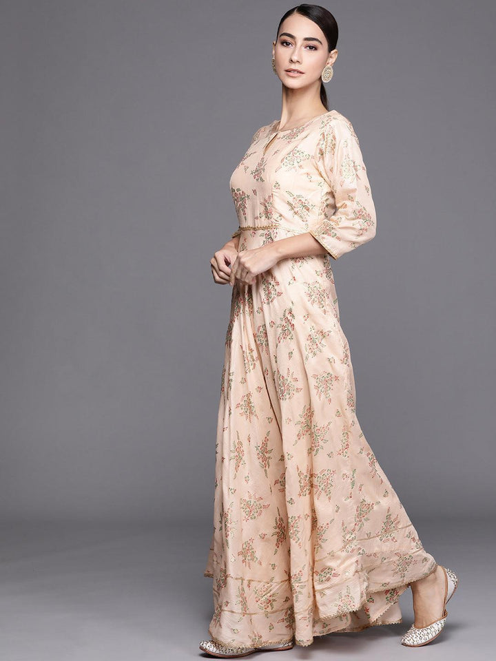 Peach Printed Silk Blend Dress With Dupatta